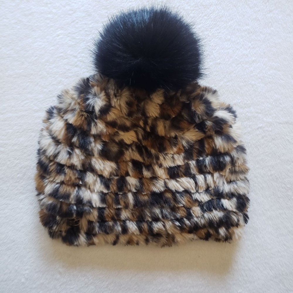 Calvin Klein Faux Fur Leopard Hat Beanie Pom Pom